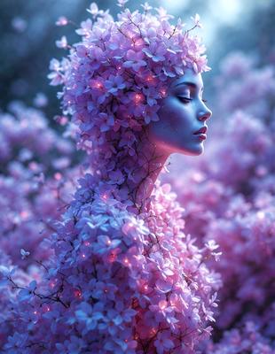 The primary subject of the image is a woman with a flower crown on her head. She is surrounded by a beautiful pink flower field, which creates a serene and romantic atmosphere. The visual style of the image is a combination of photo and digital art, giving it a unique and artistic appearance. The dominant colors in the image are pink and white, which contribute to the overall mood of the scene.